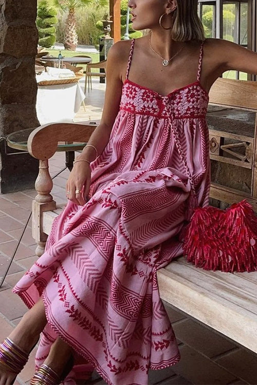 Rebadress Crochet Top Printed Flowy Ruffle Maxi Cami Dress