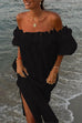 Rebadress Off Shoulder Ruffle Trim Slit Cotton Linen Maxi Vacation Dress