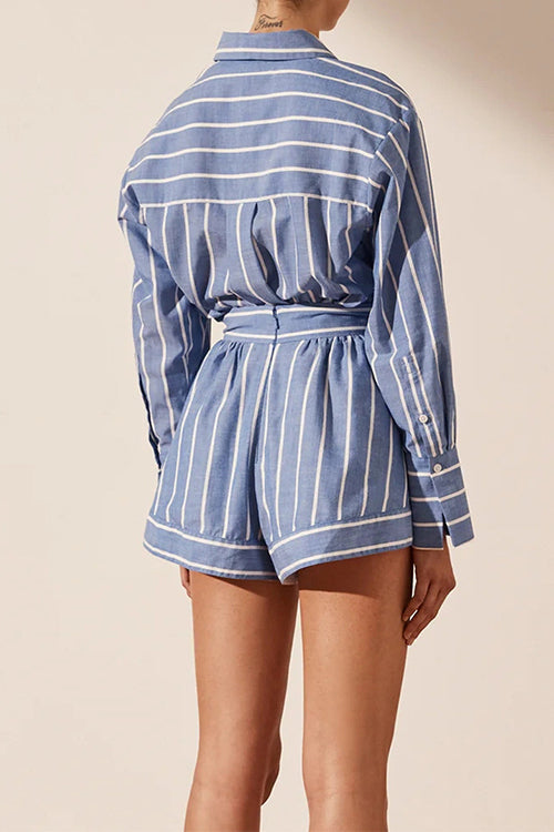Rebadress Striped Long Sleeves Curve Hem Shirt and High Rise Shorts Set