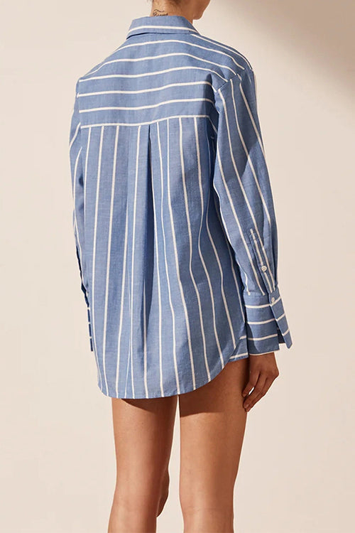 Rebadress Striped Long Sleeves Curve Hem Shirt and High Rise Shorts Set