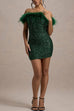 Rebadress Off Shoulder Feather Trim Sequin Mini Party Dress