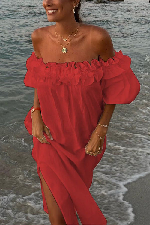 Rebadress Off Shoulder Ruffle Trim Slit Cotton Linen Maxi Vacation Dress
