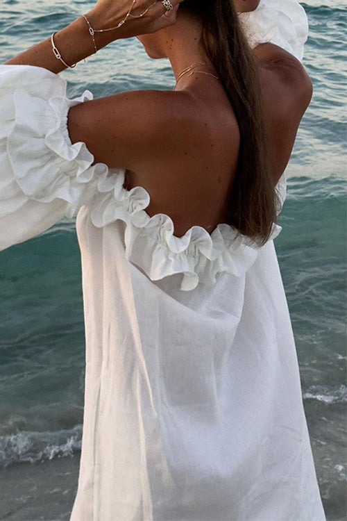 Rebadress Off Shoulder Ruffle Trim Slit Cotton Linen Maxi Vacation Dress