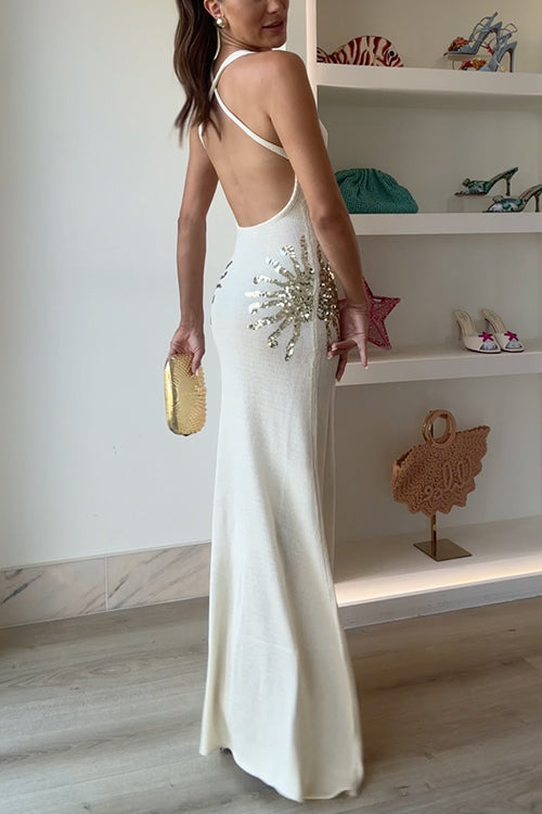 V Neck Sleeveless Open Back Knit Maxi Dress with Sequin