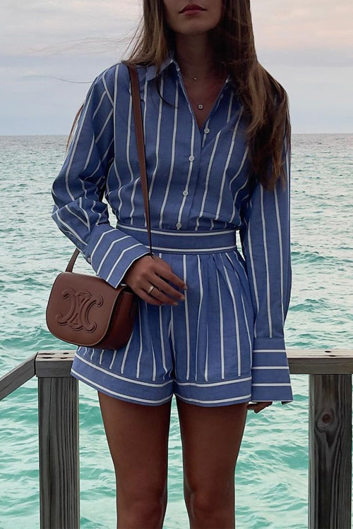 Rebadress Striped Long Sleeves Curve Hem Shirt and High Rise Shorts Set
