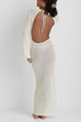 Rebadress V Neck Long Sleeves Backless Crochet Hollow Out Knit Maxi Dress