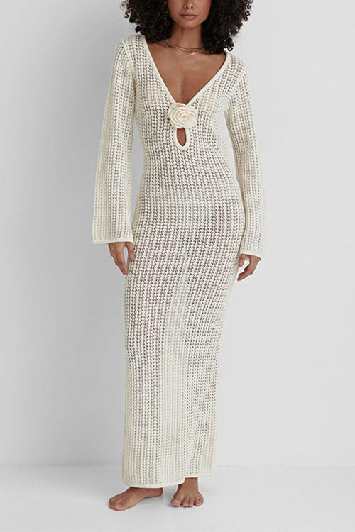 Rebadress V Neck Long Sleeves Backless Crochet Hollow Out Knit Maxi Dress