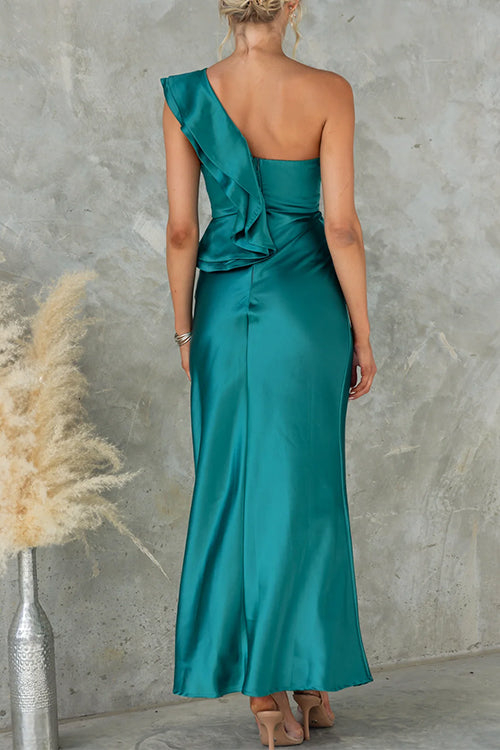 Ruffle One Shoulder Sleeveless Maxi Satin Dress