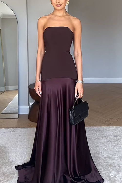 Rebadress Strapless Satin Patchwork Flare Maxi Dress