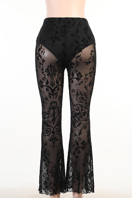 Rebadress Elastic Waist Bell Bottomed Mesh Lace Pants