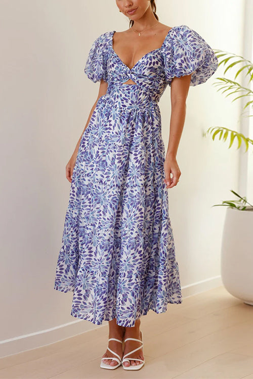 Rebadress V Neck Twist Front Cut Out Waisted Floral Maxi Ruffle Dress