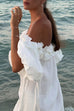 Rebadress Off Shoulder Ruffle Trim Slit Cotton Linen Maxi Vacation Dress