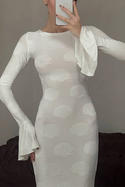 Rebadress Bell Long Sleeves Backless Lace-up Shell Print Maxi Dress