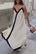 Rebadress Spaghetti Strap V Neck Color Block Maxi Holiday Dress