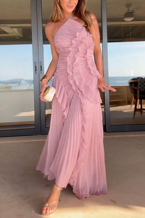 Rebadress Strappy Halter Neck Ruffle Trim Asymmetric Hem Pleated Maxi Dress