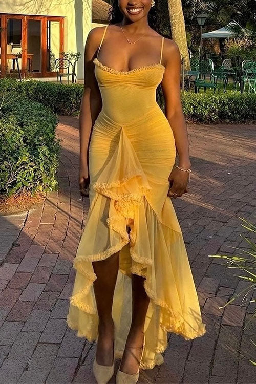 Rebadress Spaghetti Strap Frill Trim Draped Slit Maxi Dress