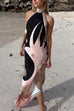 Rebadress Halter Neck Open Back Asymmetric Hem Printed Satin Midi Dress