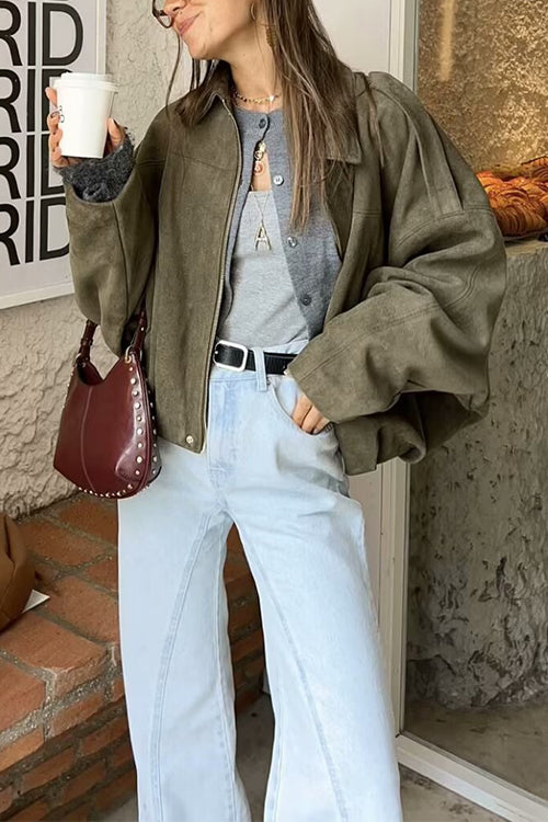 Rebadress Lapel Zip Up Trendy Bomber Jacket