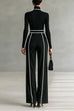 Rebadress Color Block High Neck Long Sleeves Top High Rise Wide Leg Pants Set