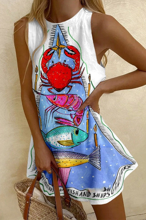 Rebadress Crewneck Sleeveless Crab Shrimp Print Mini Dress