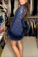 Rebadress Stand Collar Feather Trim Sequin Mini Party Dress