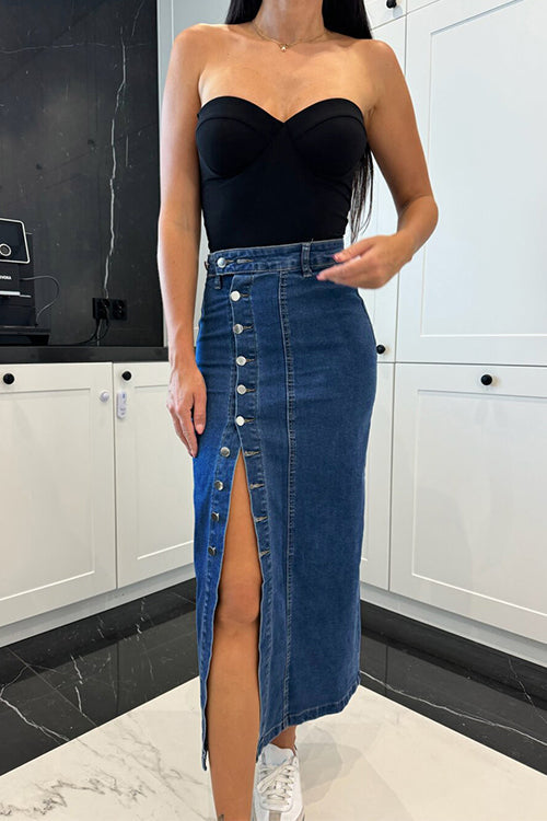 Rebadress Button Down Slit Midi Denim Skirt
