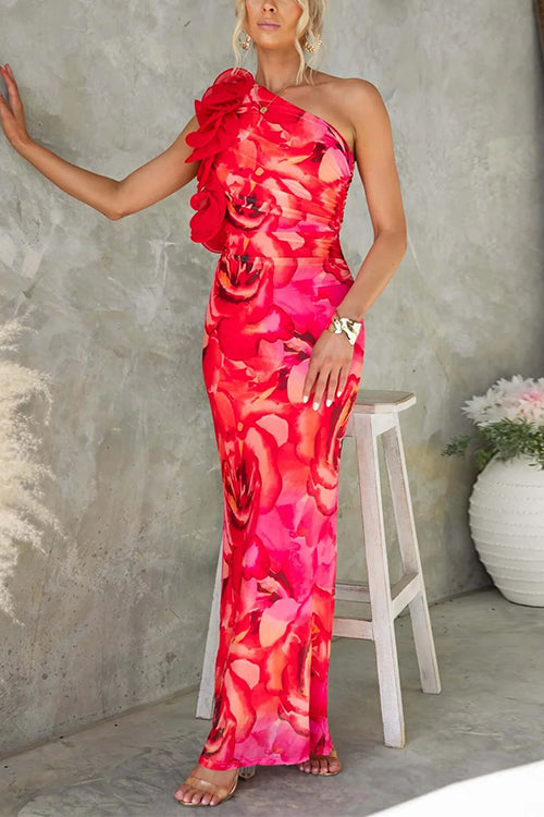 Rebadress Ruffle One Shoulder Floral Print Bodycon Maxi Dress