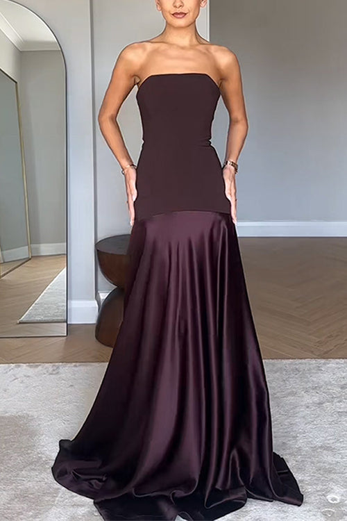 Rebadress Strapless Satin Patchwork Flare Maxi Dress