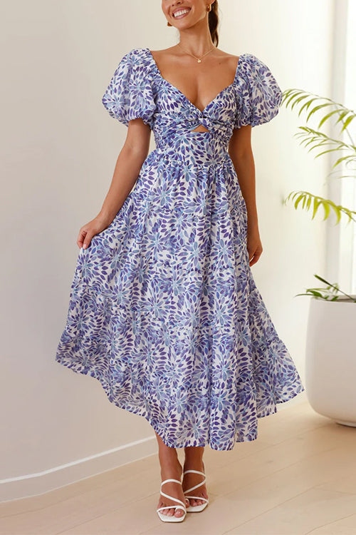 Rebadress V Neck Twist Front Cut Out Waisted Floral Maxi Ruffle Dress