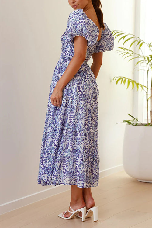 Rebadress V Neck Twist Front Cut Out Waisted Floral Maxi Ruffle Dress