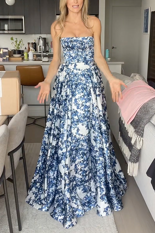 Rebadress Strapless Back Lace-up Print Maxi Party Dress