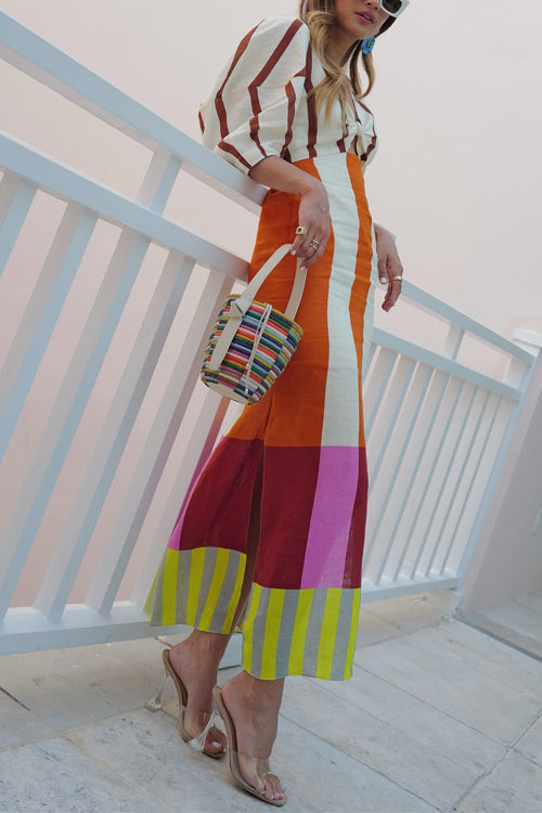 Rebadress Knot Front Cut Out Puff Sleeves Side Slit Printed Midi Dress