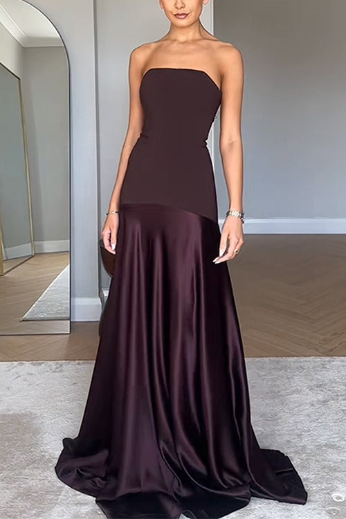 Rebadress Strapless Satin Patchwork Flare Maxi Dress