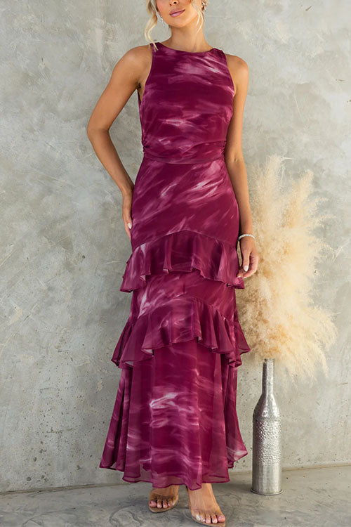 Sleeveless Ruffle Hem Tie Dye Maxi Dress