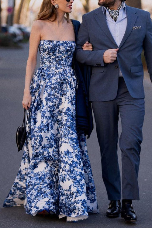 Rebadress Strapless Back Lace-up Print Maxi Party Dress