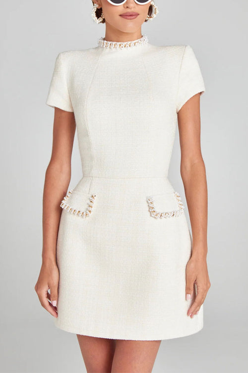 Rebadress Mockneck Pearl Trim Waisted Tweed Mini Dress