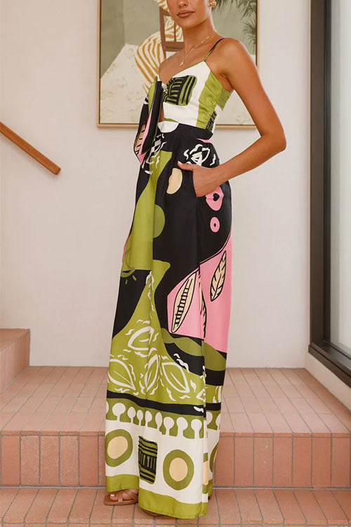 Rebadress Tie Front Cut Out Wide Leg Printed Cami Jumpsuit
