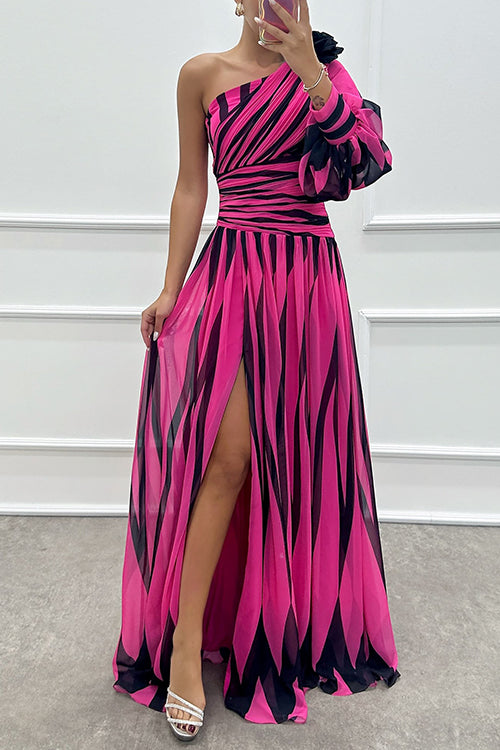 Rebadress One Shoulder Waisted Slit Printed Maxi Dress