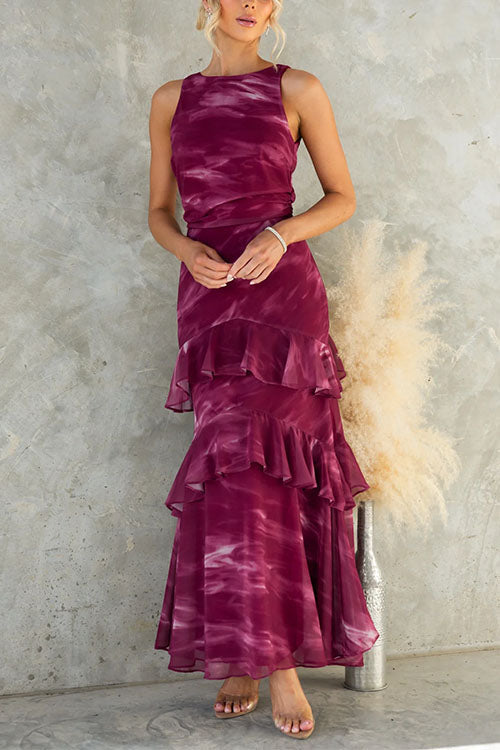 Sleeveless Ruffle Hem Tie Dye Maxi Dress
