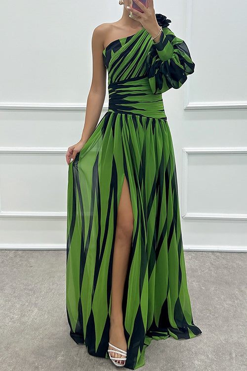 Rebadress One Shoulder Waisted Slit Printed Maxi Dress