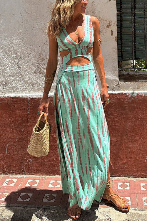 Rebadress V Neck Sleeveless Cut Out Waist Side Slit Tie Dye Maxi Dress