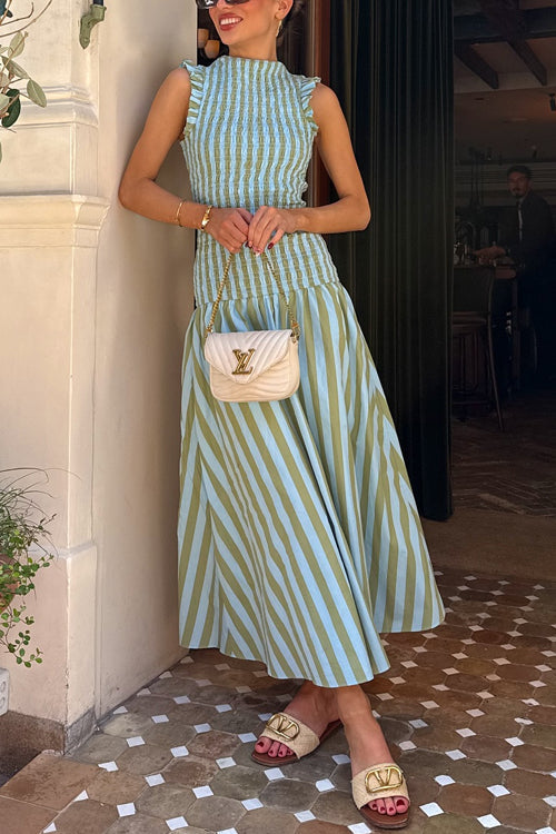 High Neck Sleeveless Smocked Bodice Striped Midi Dress