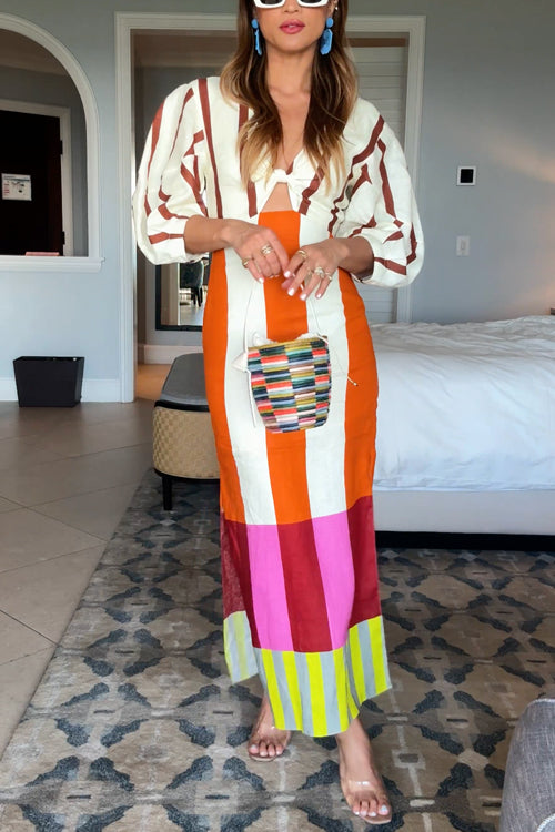 Rebadress Knot Front Cut Out Puff Sleeves Side Slit Printed Midi Dress