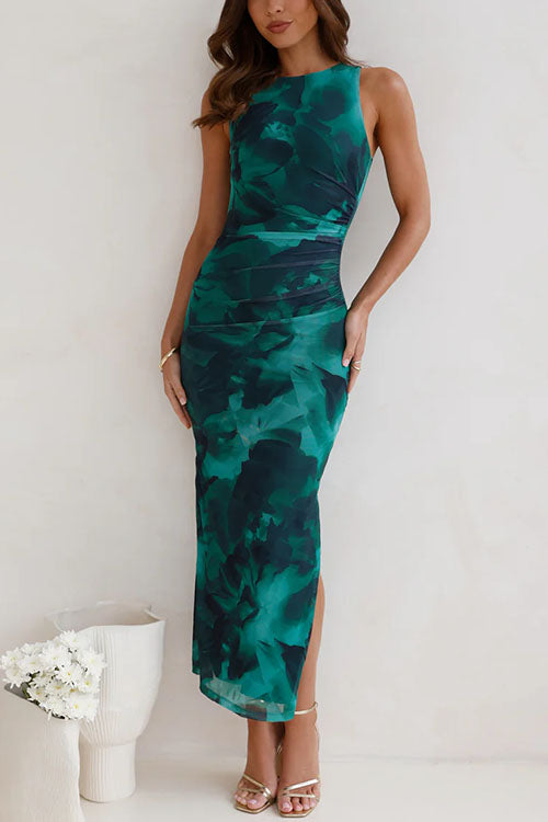Rebadress Sleeveless Side Slit Printed Bodycon Midi Dress