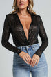 Rebadress Wrap Deep V Neck Long Sleeves Sequin Bodysuit