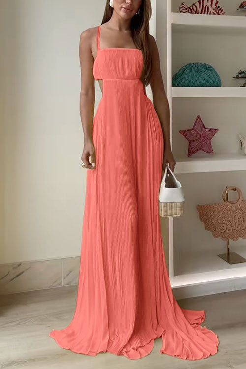 Rebadress Spaghetti Strap Back Cut Out Pleated Maxi Dress