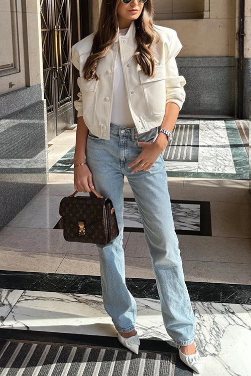 Rebadress Button Up Pocketed Cropped Bomber Jacket