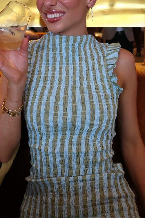 High Neck Sleeveless Smocked Bodice Striped Midi Dress