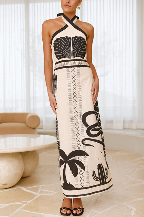 Rebadress Palm Canyon Print Criss Cross Halter Maxi Dress