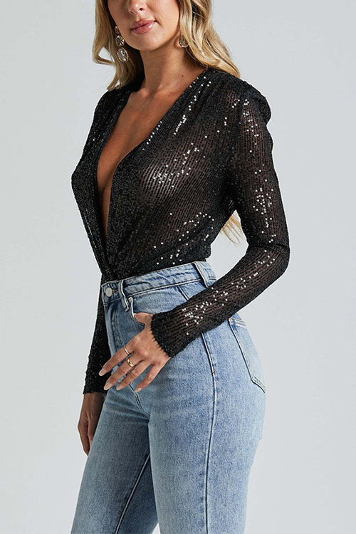 Rebadress Wrap Deep V Neck Long Sleeves Sequin Bodysuit